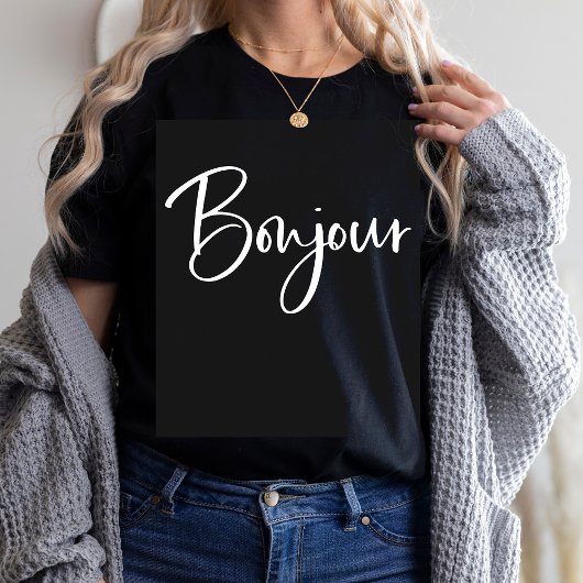 Bonjour | Elegant en modern Frans Script Black T-shirt