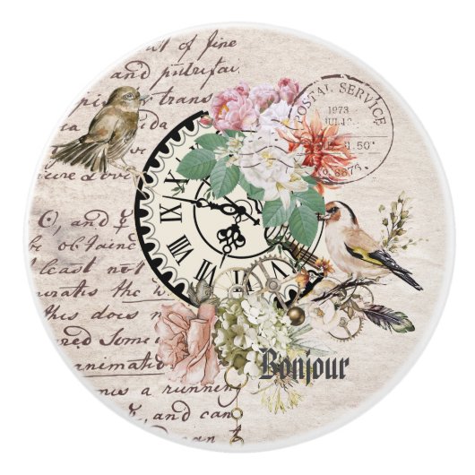 Bonjour elegant frenchy rustic paper Botanical  Keramische Knop (Voorkant)