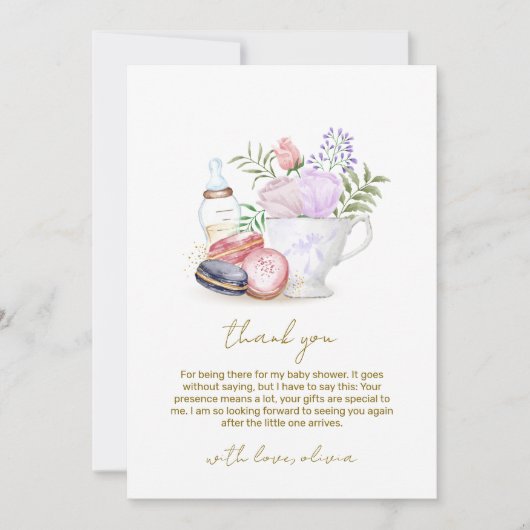 Bonjour Floral Macarons Milk Tea Baby shower Bedankkaart (Voorkant)