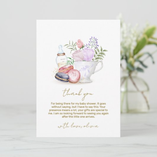 Bonjour Floral Macarons Milk Tea Baby shower Bedankkaart (Staand voorkant)