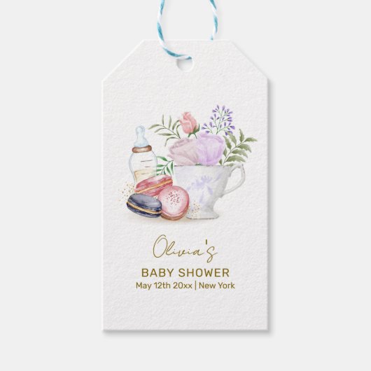 Bonjour Floral Macarons Milk Tea Baby shower Cadeaulabel (Voorkant)