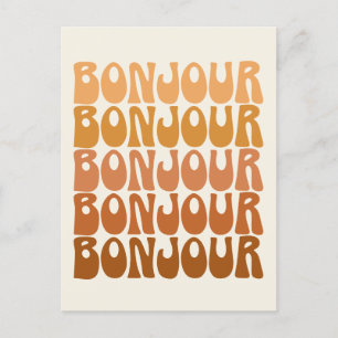 Bonjour   Franse Hallo in bruine roovy-typografie Briefkaart