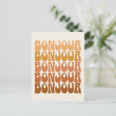 Bonjour | Franse Hallo in bruine roovy-typografie Briefkaart (Staand voorkant)