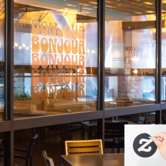 Bonjour | Franse Hallo in bruine roovy-typografie Raamsticker (Restaurant Raam)