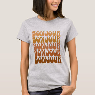 Bonjour   Franse Hallo in bruine roovy-typografie T-shirt