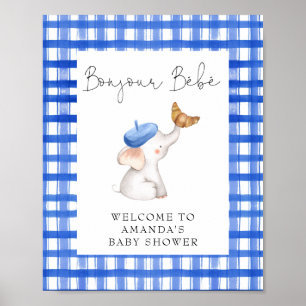 Bonjour French Gingham Blue Welcome Baby shower Poster
