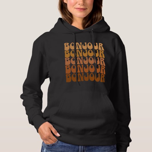 Bonjour French Hello Retro Brown Groovy Typography Hoodie (Voorkant)