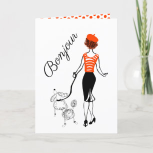 Bonjour Girl en French Poodle Wenskaart Feestdagen Kaart