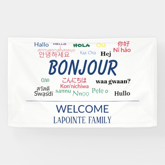 Bonjour Hallo Languages World Colorful Family Spandoek (Horizontaal)