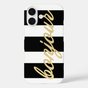 Bonjour in Gold Script Black Stripes Franse Hallo iPhone 16 Hoesje