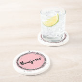 Bonjour in roze op wit zandsteen onderzetter (Zijkant)