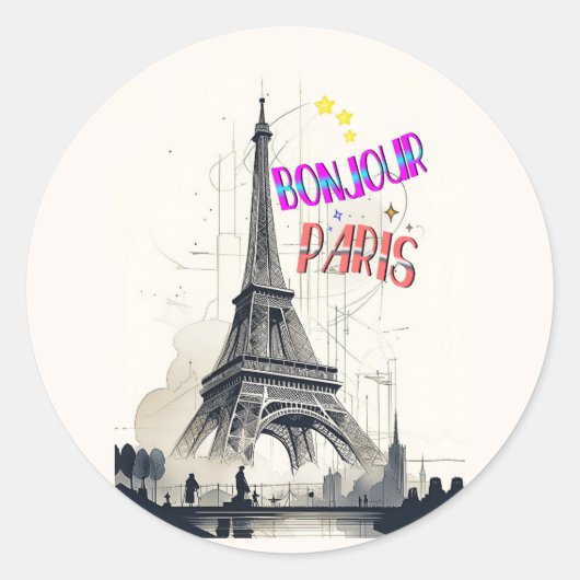 Bonjour Kleurrijke Parijs Ronde Sticker (Voorkant)