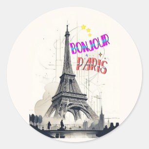 Bonjour Kleurrijke Parijs Ronde Sticker
