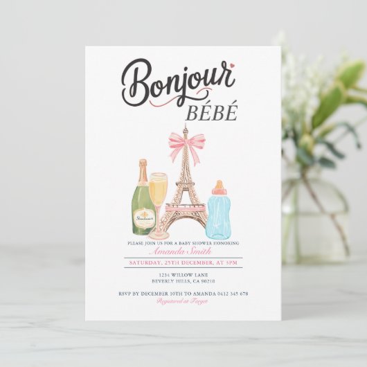 Bonjour Melkfles Frans Baby shower Uitnodiging (Staand voorkant)