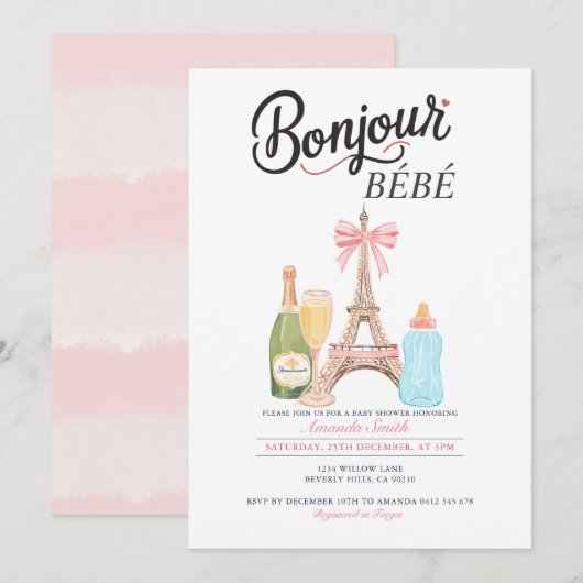 Bonjour Melkfles Frans Baby shower Uitnodiging (Voorkant / Achterkant)