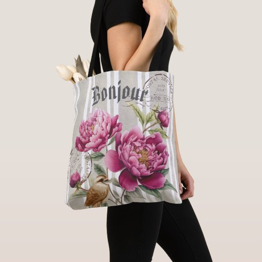 Bonjour Modern retro botanical stripped teacher Tote Bag (Dichtbij)