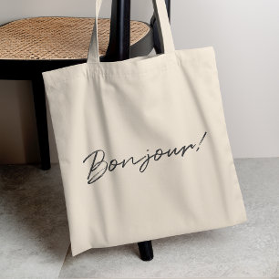 Bonjour. Modern Script French Hallo Trendy Black Tote Bag
