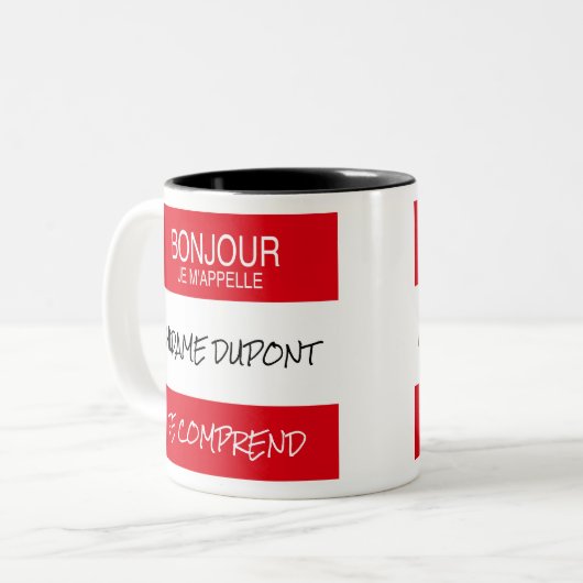 "Bonjour" Naam Badge Mok Franse leraar cadeau (Voorkant links)