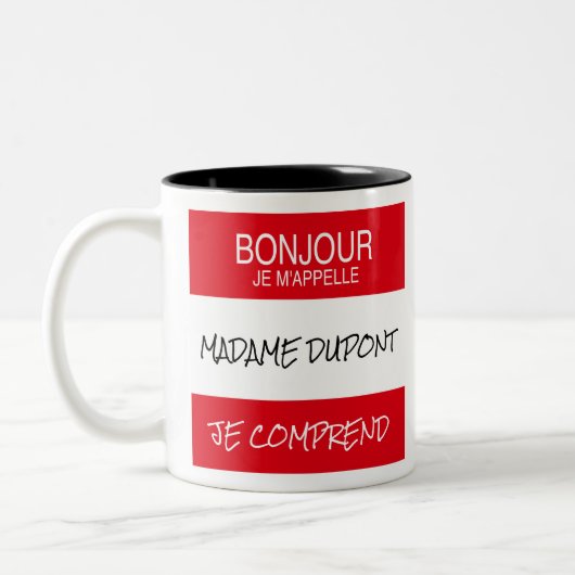 "Bonjour" Naam Badge Mok Franse leraar cadeau (Links)