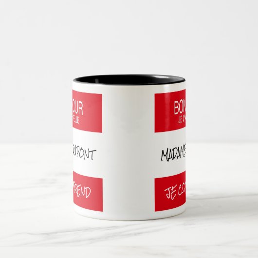 "Bonjour" Naam Badge Mok Franse leraar cadeau (Center)