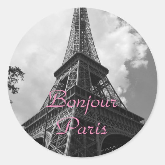 Bonjour Paris Black White Eiffel Tower France Ronde Sticker (Voorkant)
