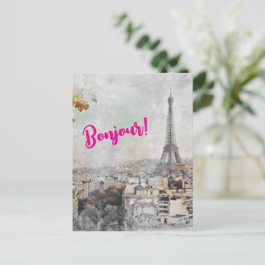 "Bonjour Paris" Eiffeltoren Briefkaart – Reizen (Staand voorkant)