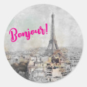 "Bonjour Paris" Eiffeltoren Classic Ronde Sticker (Voorkant)