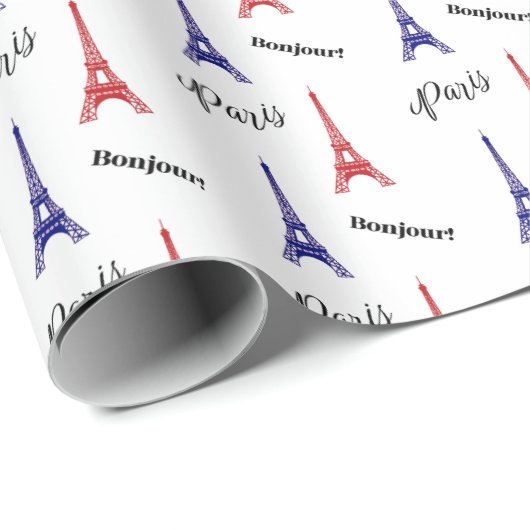 Bonjour Rood Blauw Parijs Eiffeltoren Cadeaupapier (Rol Hoek)