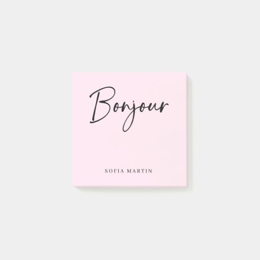 Bonjour | Roze en zwart Elegant Frans Script Post-it® Notes (Voorkant)
