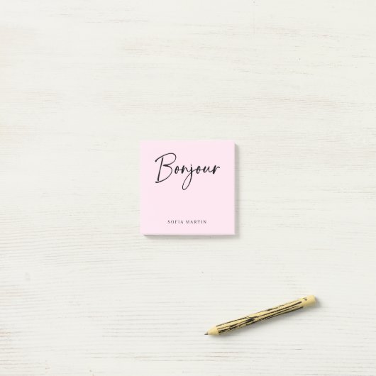 Bonjour | Roze en zwart Elegant Frans Script Post-it® Notes (Op bureau)