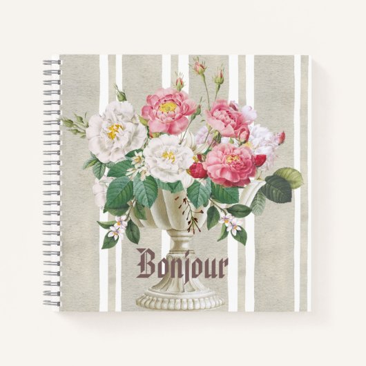 Bonjour Trendy stripped pattern dusty art floral Notitieboek (Voorkant)