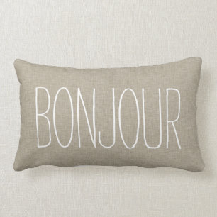 Bonjour Typography Linen Beige Color Toss Pillow Kussen