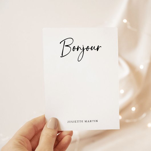 Bonjour | Zwart-wit Elegant Frans Script Notitiekaartje