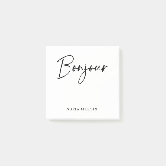 Bonjour | Zwart-wit Elegant Frans Script Post-it® Notes (Voorkant)