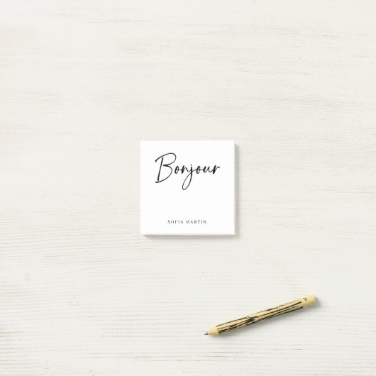 Bonjour | Zwart-wit Elegant Frans Script Post-it® Notes (Op bureau)