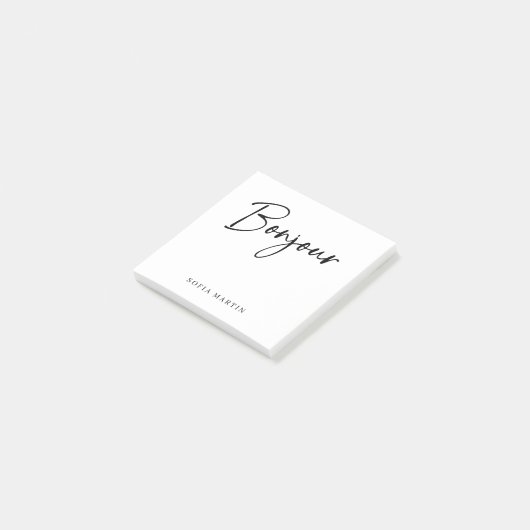 Bonjour | Zwart-wit Elegant Frans Script Post-it® Notes (Schuin)