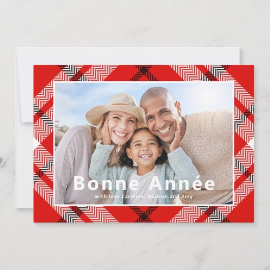 Bonne Année Frans Elegant Rood Plaid Foto (Voorkant)