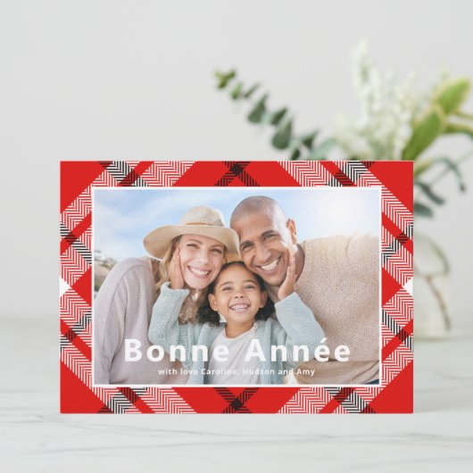 Bonne Année Frans Elegant Rood Plaid Foto (Staand voorkant)