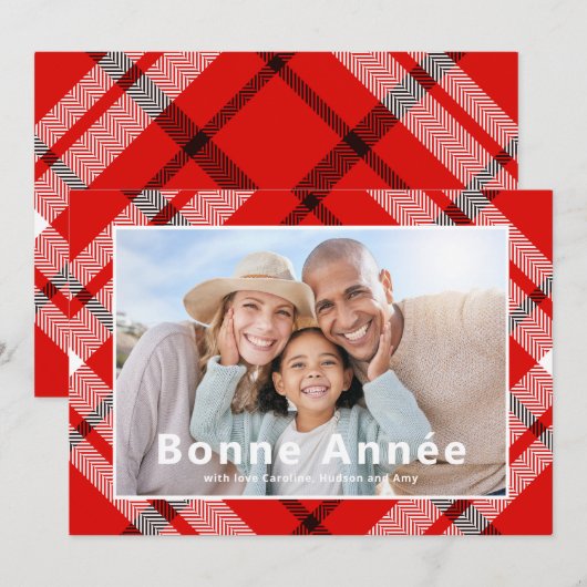 Bonne Année Frans Elegant Rood Plaid Foto (Voorkant / Achterkant)