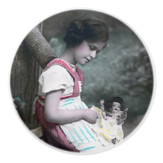 Bonne Année  meisje met pop Keramische Knop (Voorkant)