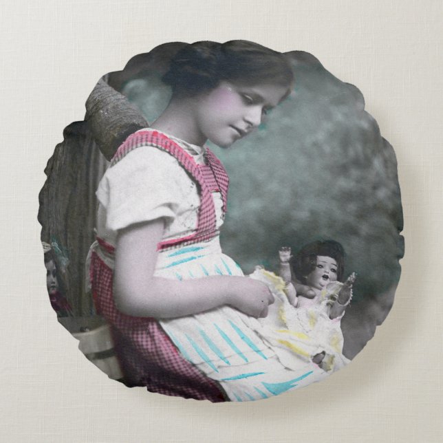 Bonne Année  meisje met pop Rond Kussen (Voorkant)