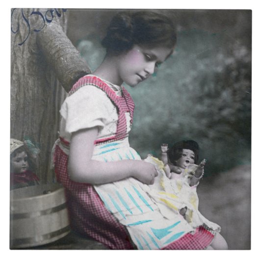 Bonne Année  meisje met pop Tegeltje (Voorkant)