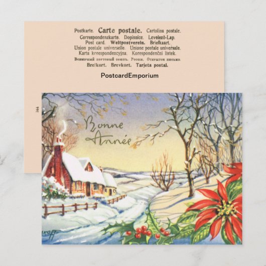 Bonne Annee, Vintage Franse Nieuwjaarskaart Feestdagenkaart (Voorkant / Achterkant)