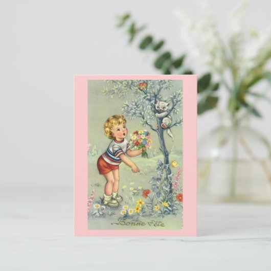 Bonne Fete, Franse kaart, Kind met bloemen Briefkaart (Staand voorkant)