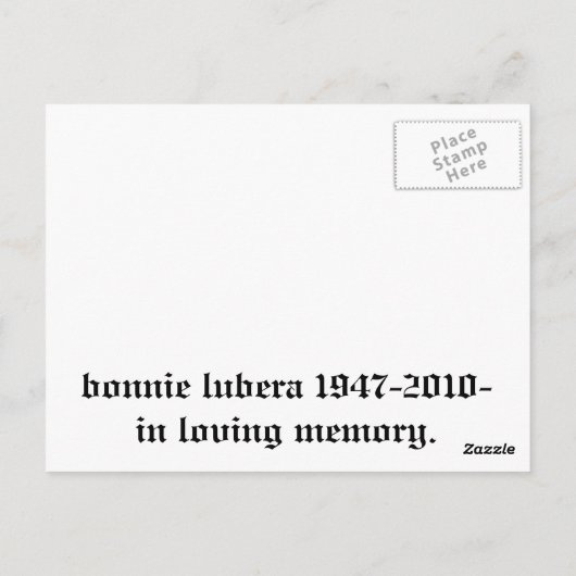 Bonnie Lubera briefkaart ontworpen door James Lube (Achterkant)