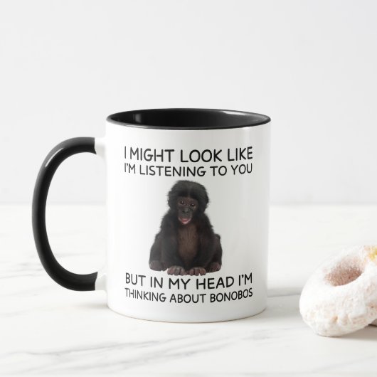 Bonobo Mug Funny Thinking Ape Mok (Met donut)