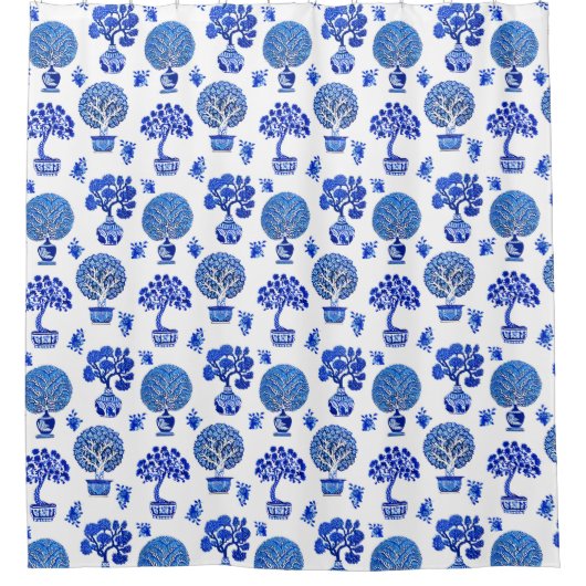 Bonsai Bomen Patroon in Kobalt Blauw en Wit Douchegordijn (Voorkant)