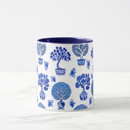 Bonsai Bomen Patroon in Kobalt Blauw en Wit Mok (Midden)