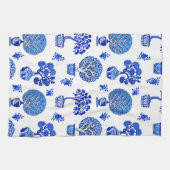 Bonsai Bomen Patroon in Kobalt Blauw en Wit Theedoek (Horizontaal)