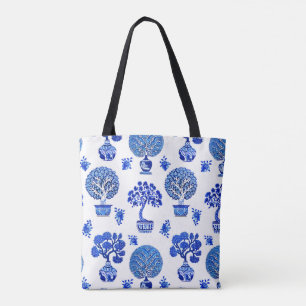 Bonsai Bomen Patroon in Kobalt Blauw en Wit Tote Bag